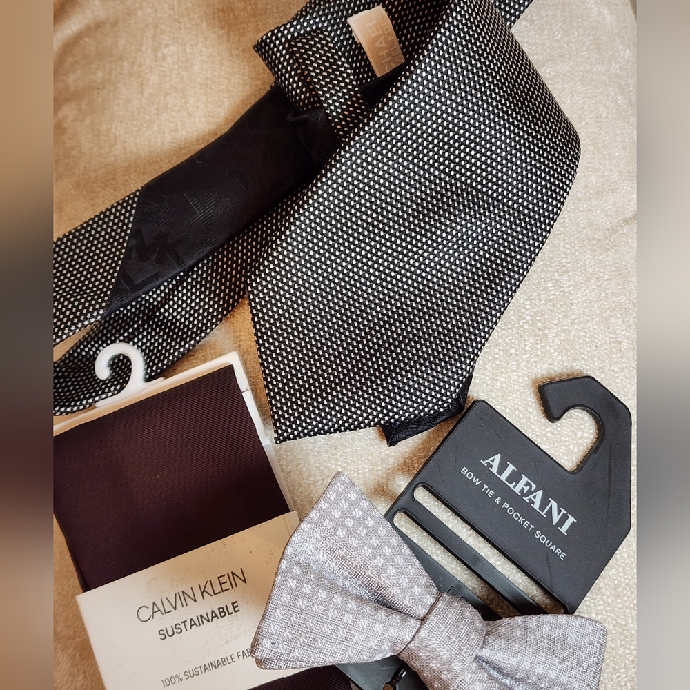Neck tie, bow tie and pocket square set
